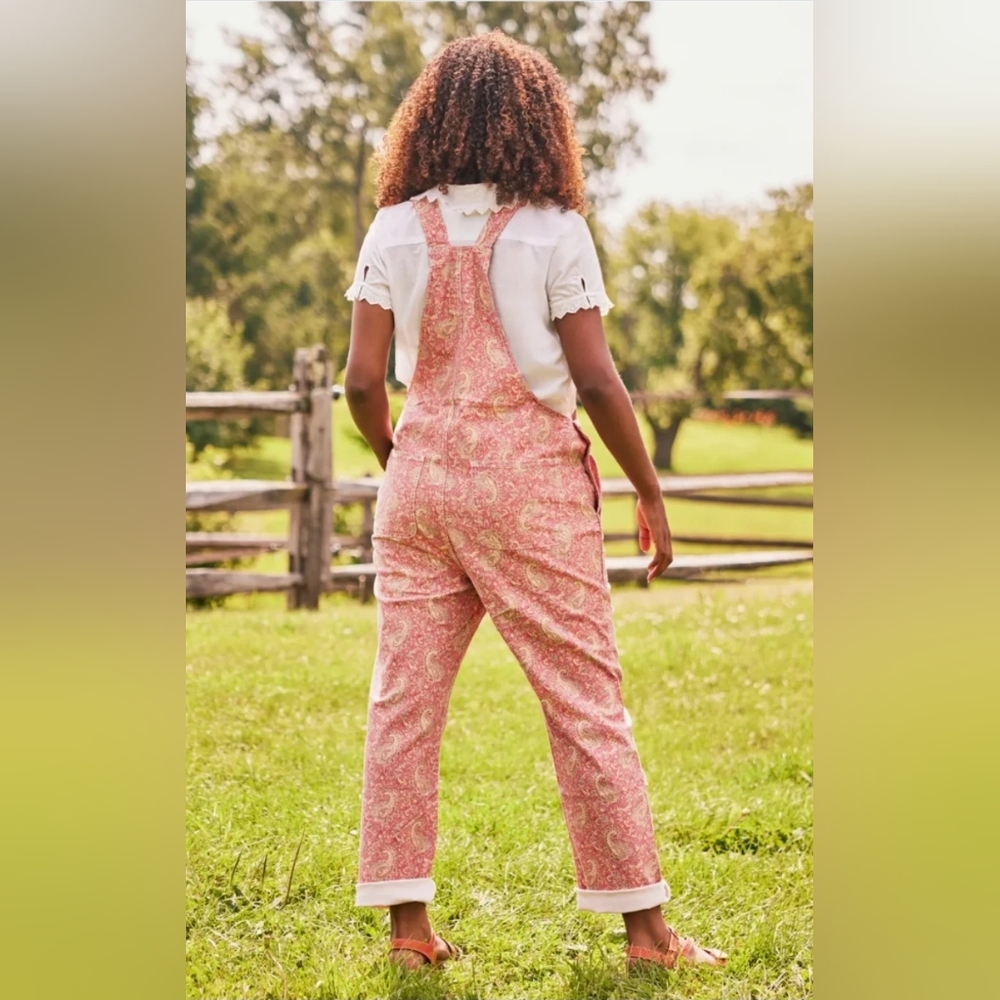 Vintage APRIL CORNELL Bib Overalls PINK FLORAL PAISLEY Cotton Blend Denim Small - Picture 2 of 9